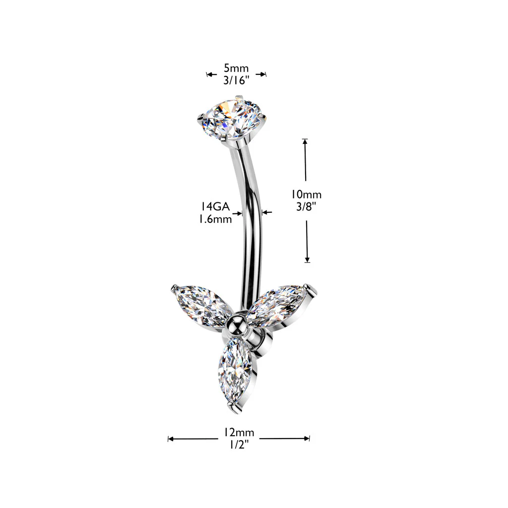 Marquise CZ Trinity Belly Button Ring With Round CZ Prong Set Top - Image 4