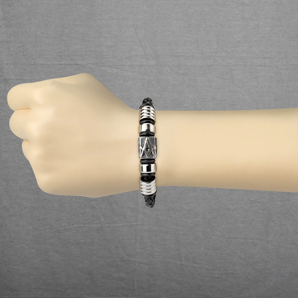 Mens Black Leather Bracelets Masonic Sign Center and Magnetic Clasp - Image 3