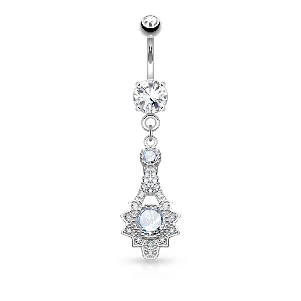 Micro Pave CZ Tribal Sun Dangle 316L Surgical Steel Belly Button Rings - Image 2