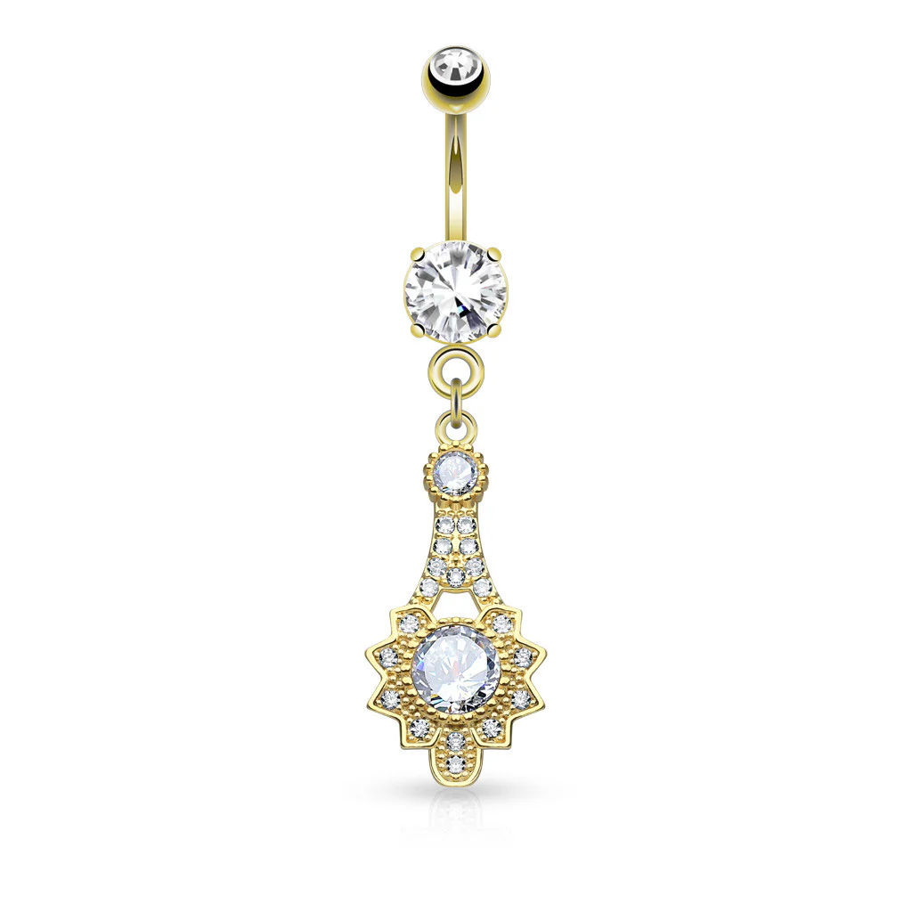 Micro Pave CZ Tribal Sun Dangle 316L Surgical Steel Belly Button Rings - Image 3