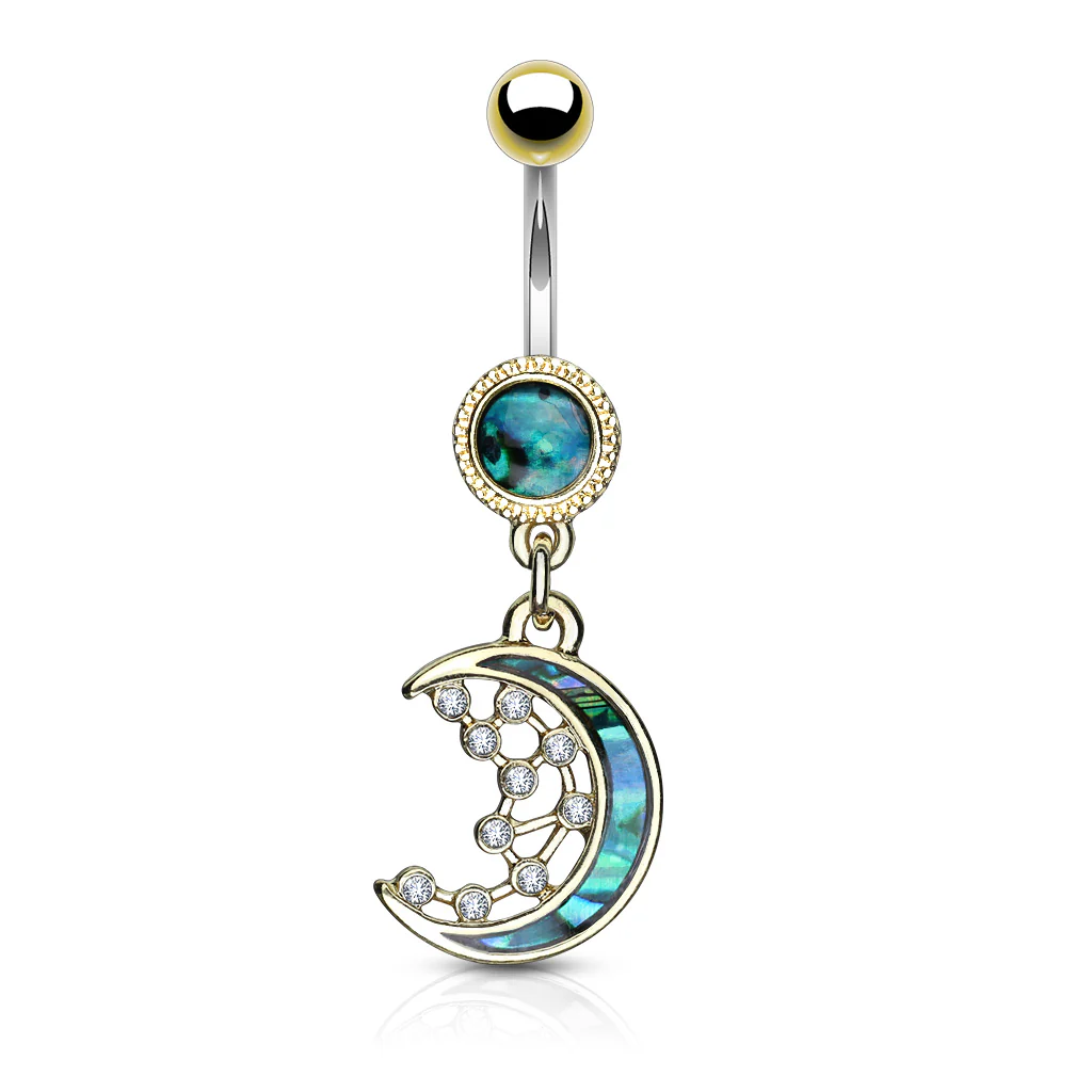 Mother of Pearl Crescent Moon CZ Stars Dangle Belly Button Navel Rings - Image 2