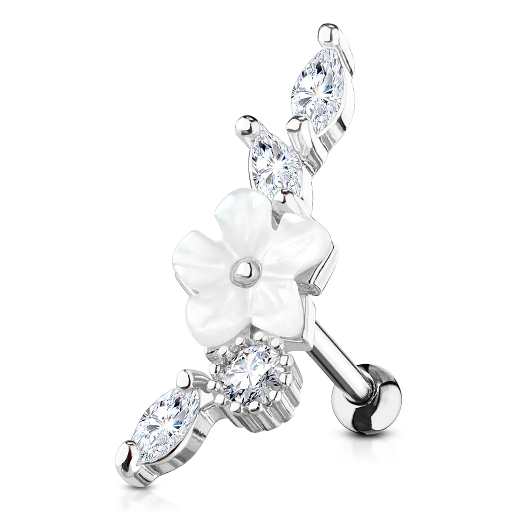 Mother of Pearl Flower Vine CZ Top Ear Cartilage Daith Helix Tragus Barbell Stud - Image 2