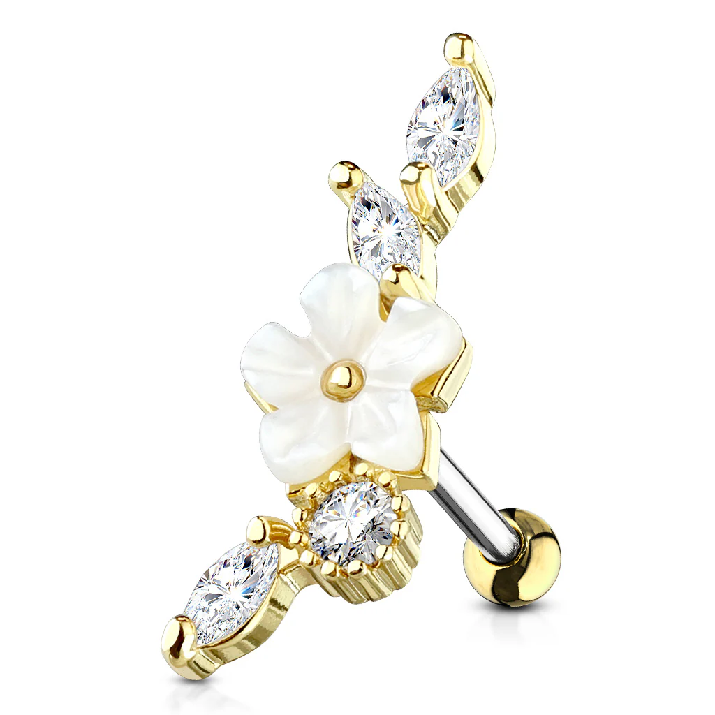 Mother of Pearl Flower Vine CZ Top Ear Cartilage Daith Helix Tragus Barbell Stud - Image 3