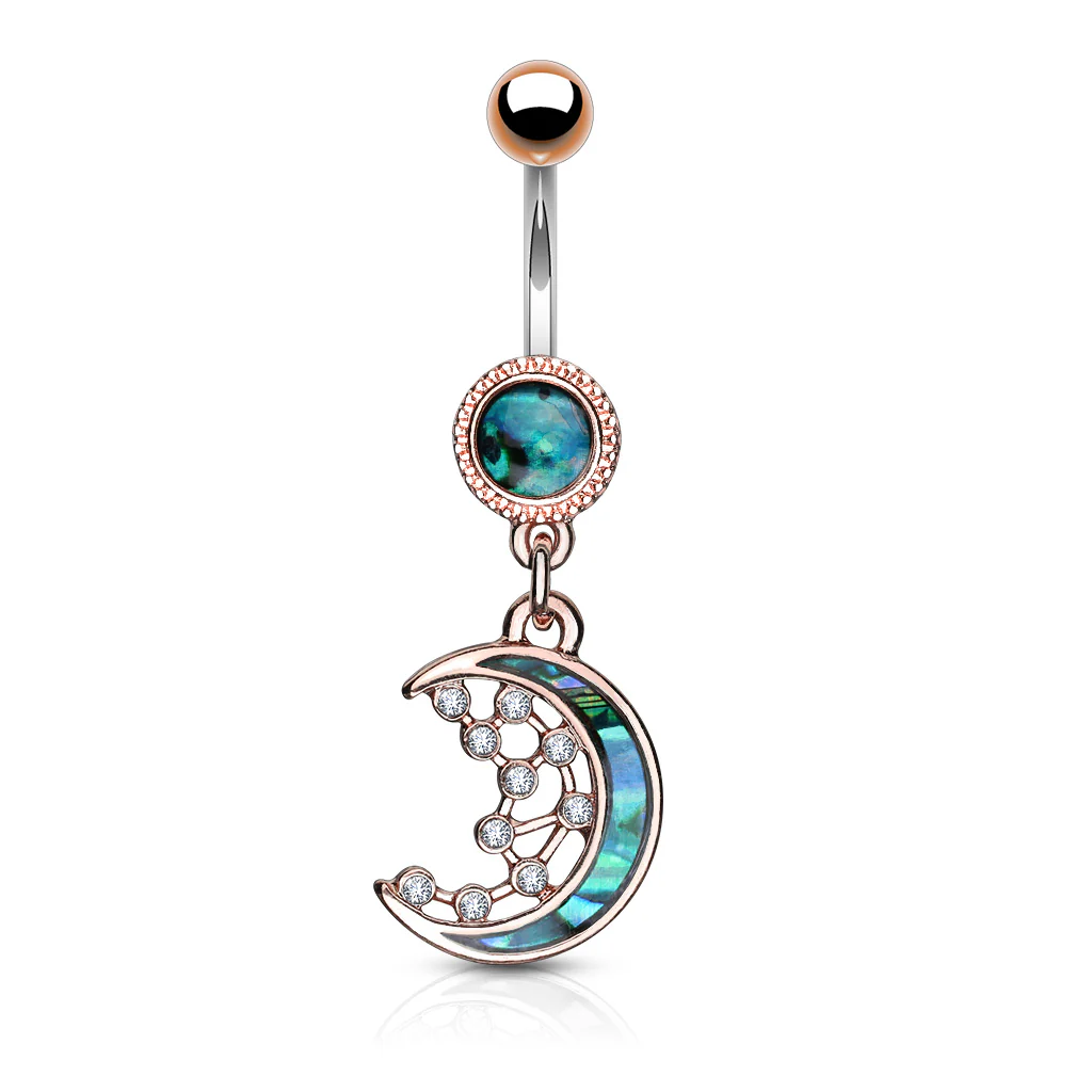 Mother of Pearl Inlay Crescent Moon and CZ Stars Navel Belly Button Ring - Image 3