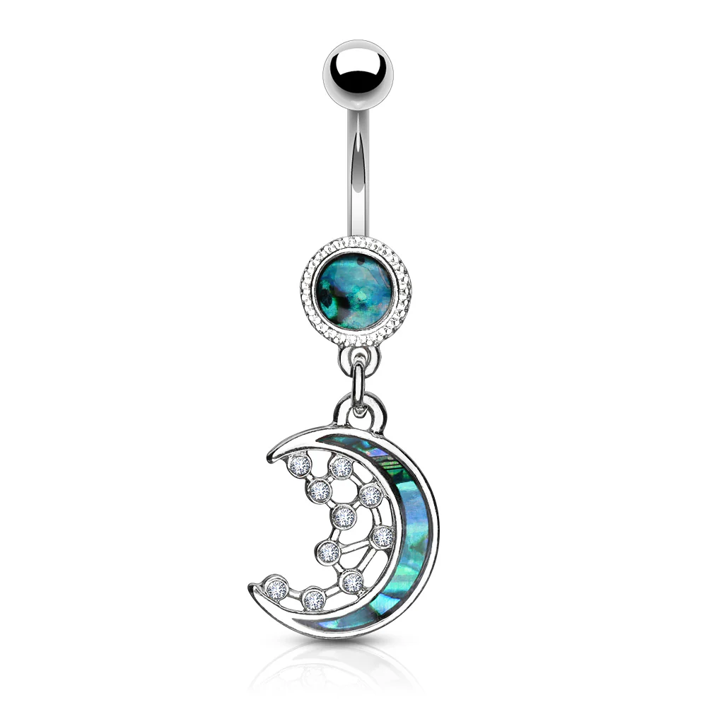 Mother of Pearl Inlay Crescent Moon and CZ Stars Navel Belly Button Ring - Image 4