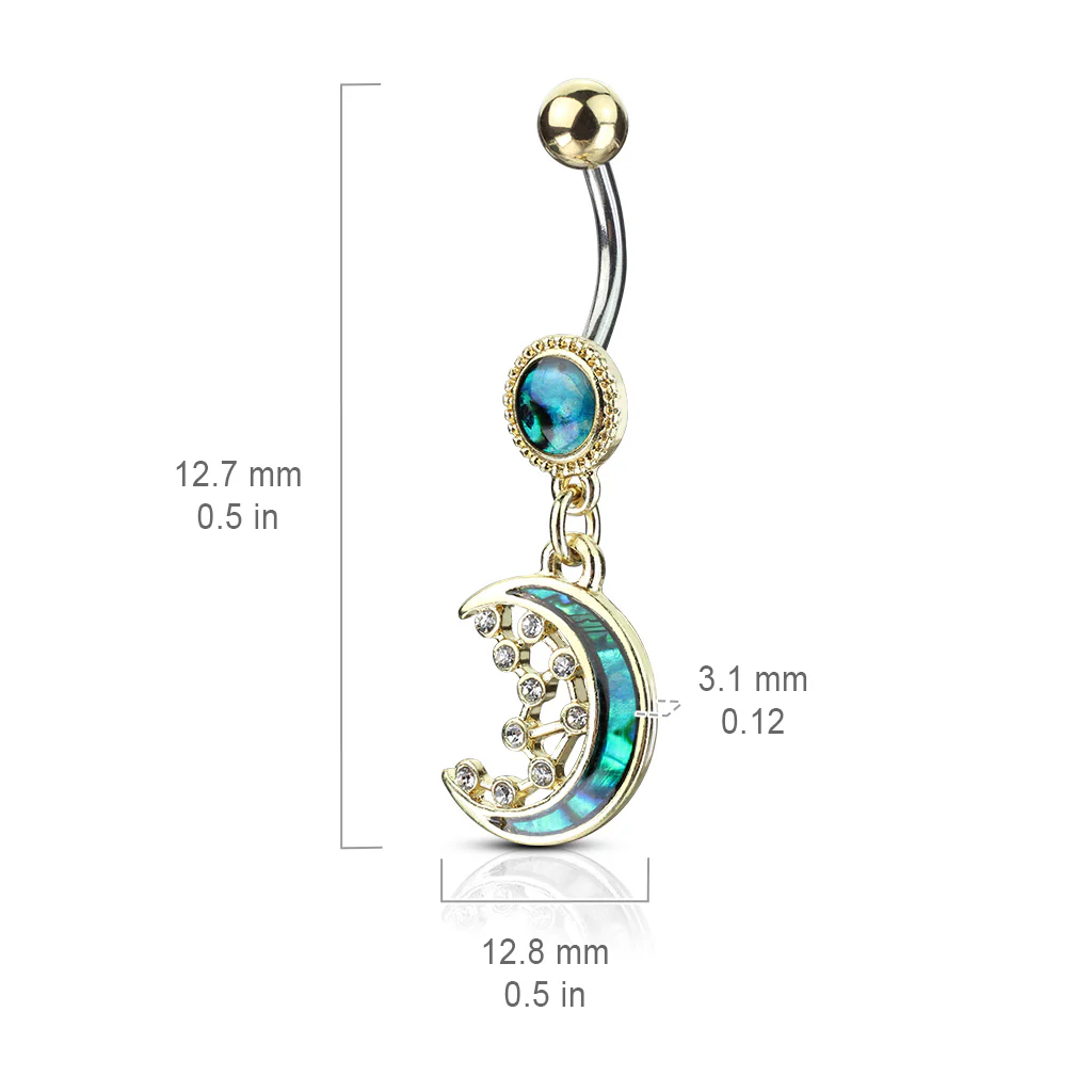 Mother of Pearl Inlay Crescent Moon and CZ Stars Navel Belly Button Ring - Image 5