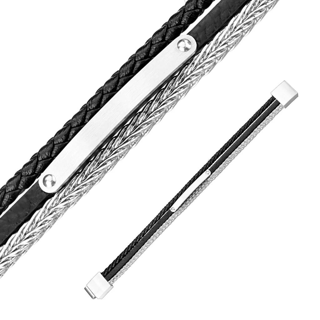 Multi Strand Black Micro Fiber Leather and Stainless Steel Chain Bracelets - Image 2