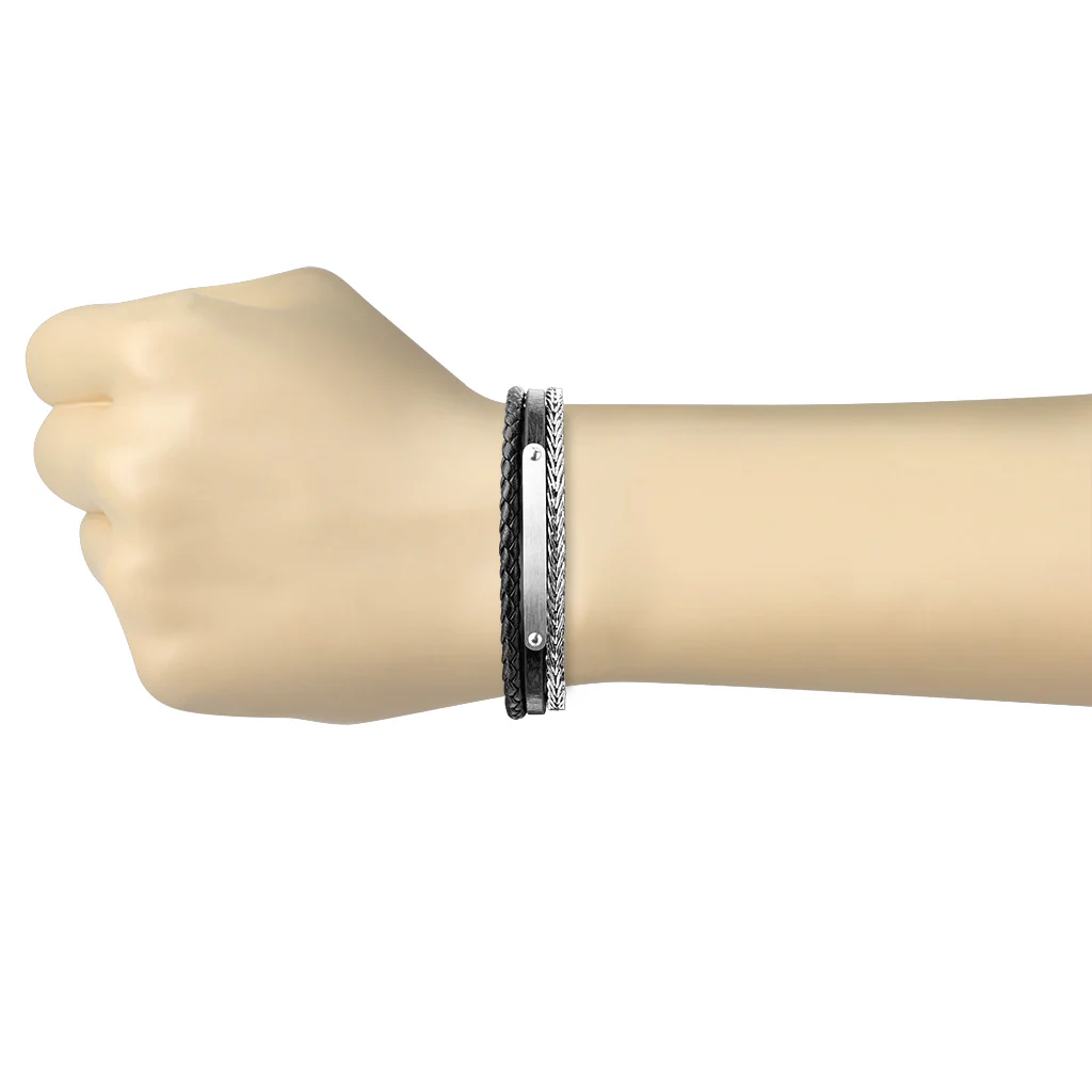 Multi Strand Black Micro Fiber Leather and Stainless Steel Chain Bracelets - Image 3