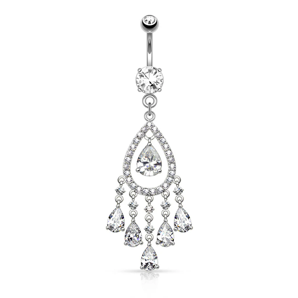 Multi Tear Drop CZ Chandelier Dangle Navel Belly Button Ring - Image 2