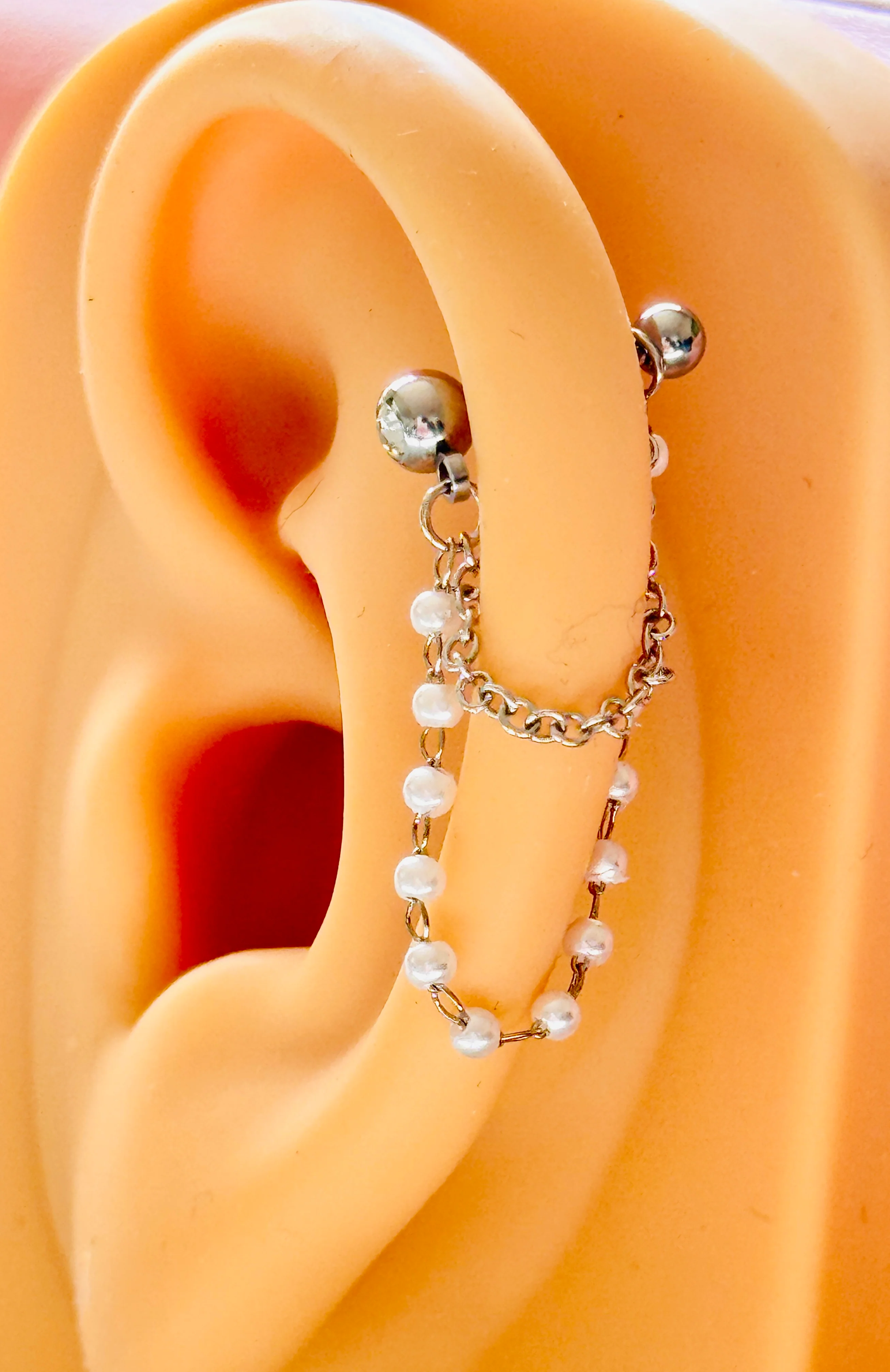 Pearl Chain Dangle Ear Cartilage Barbells Helix Cuff - Image 2