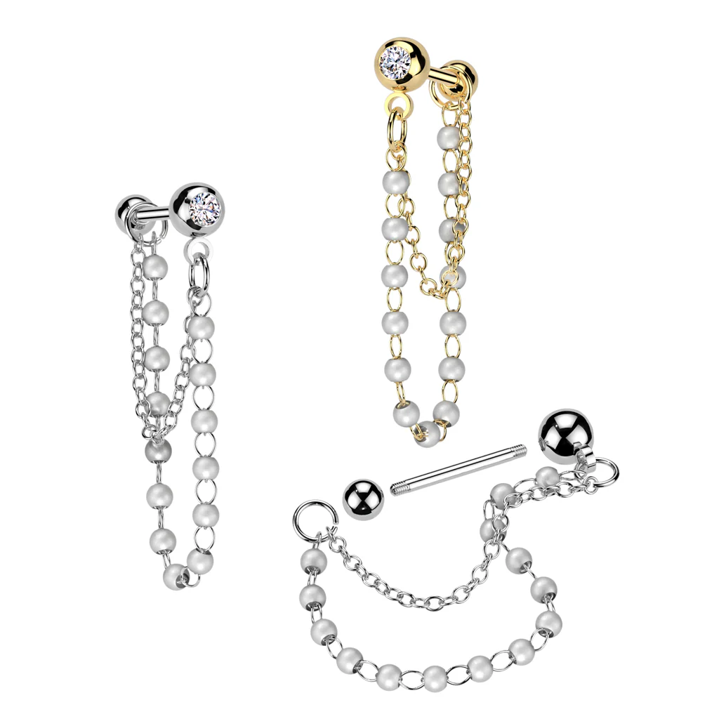 Pearl Chain Dangle Ear Cartilage Barbells Helix Cuff - Image 3