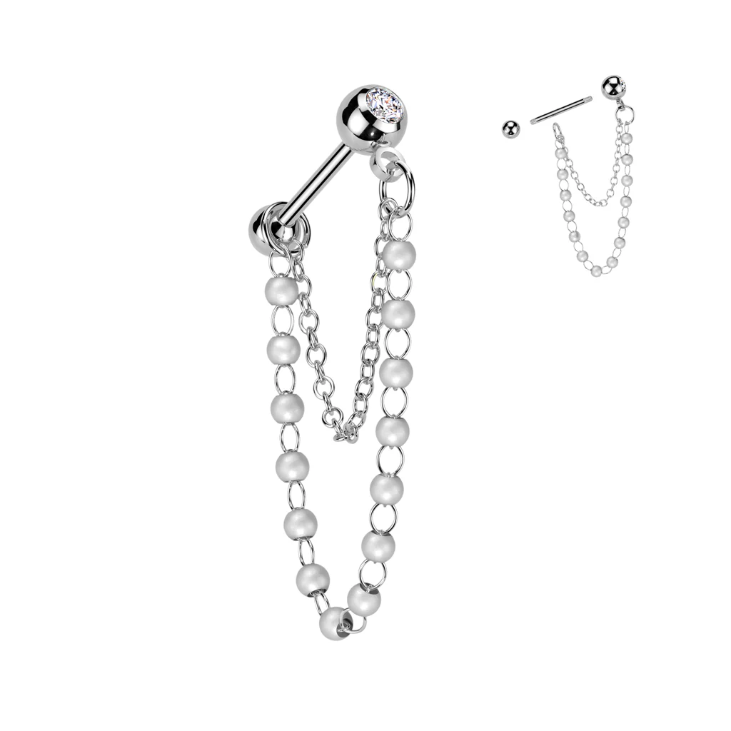 Pearl Chain Dangle Ear Cartilage Barbells Helix Cuff - Image 4