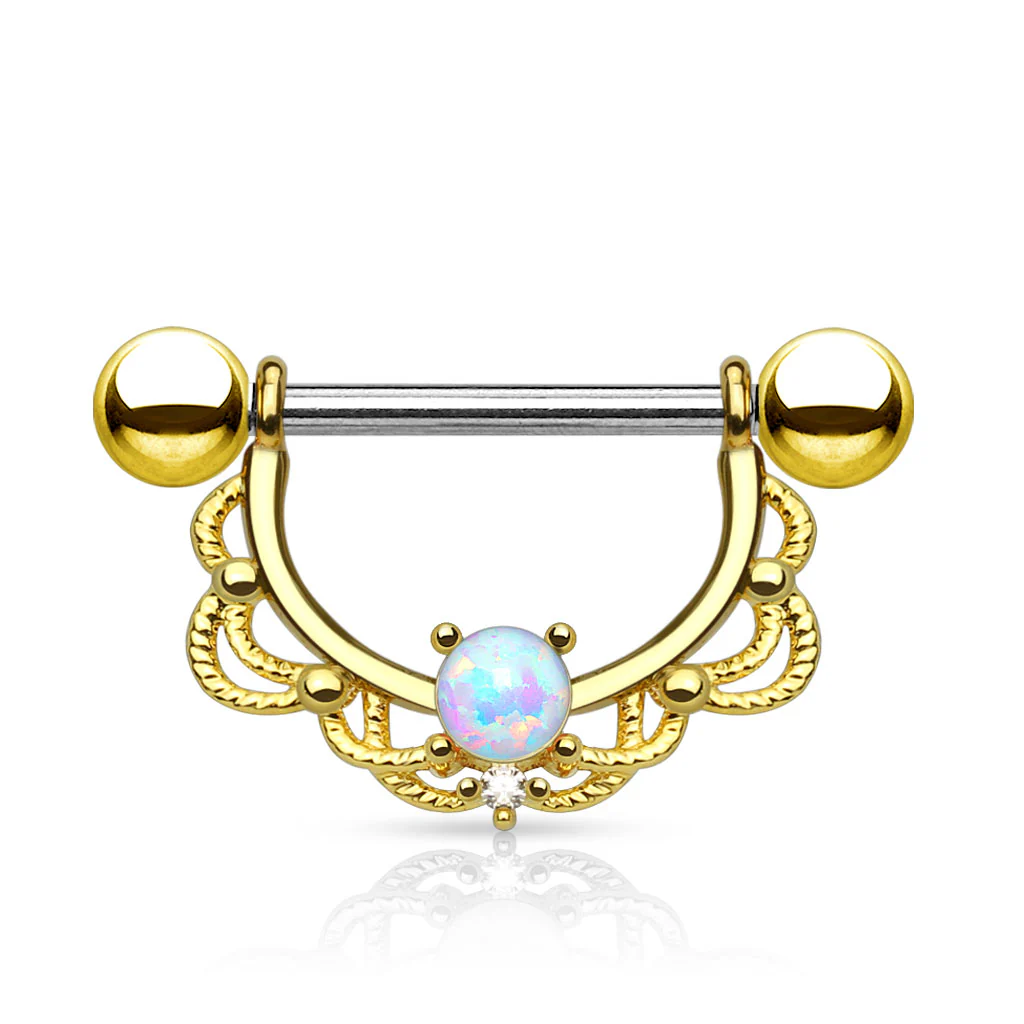 Pair of Opal Filigree Drop Surgical Steel Barbell Nipple Rings - Image 2