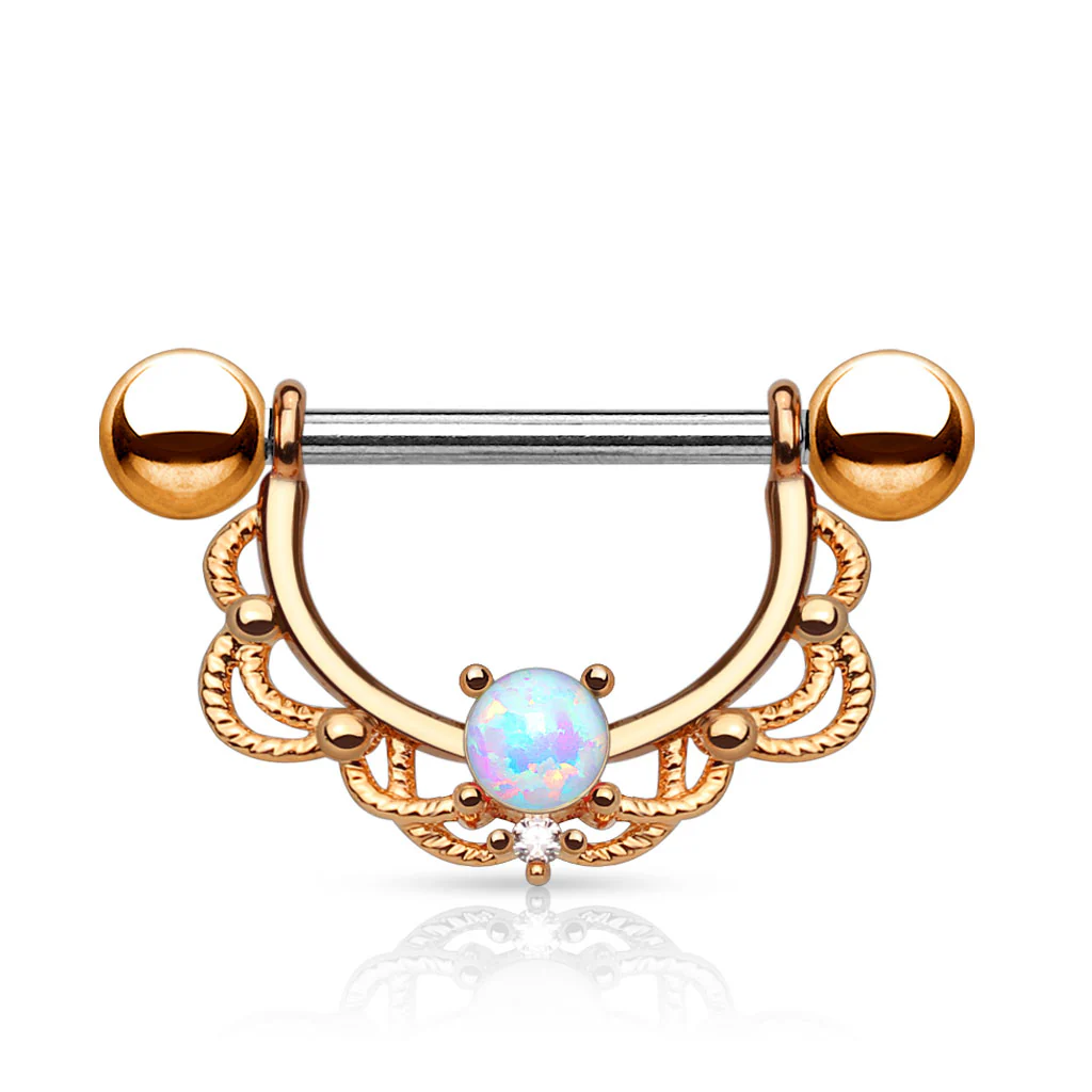 Pair of Opal Filigree Drop Surgical Steel Barbell Nipple Rings - Image 3