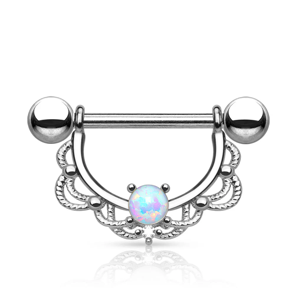 Pair of Opal Filigree Drop Surgical Steel Barbell Nipple Rings - Image 4