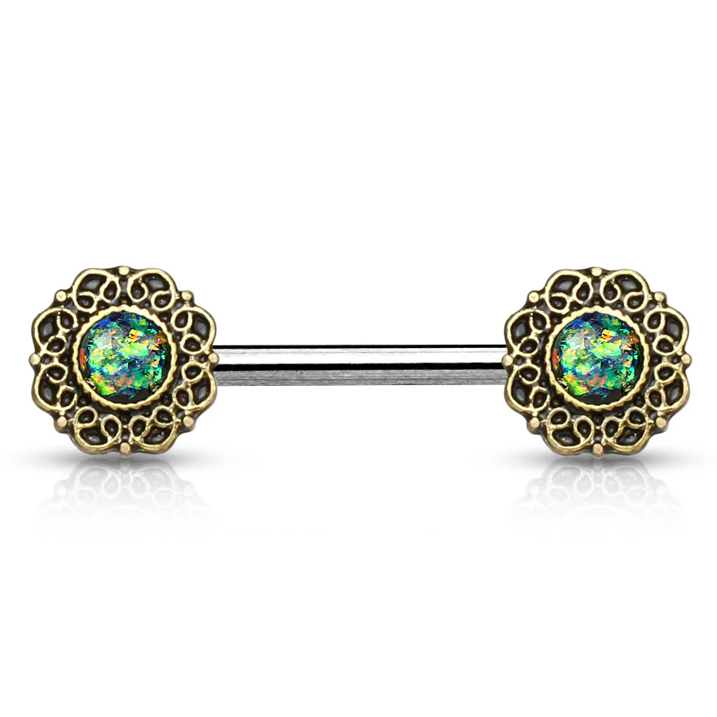 Pair of Opal Tribal Heart Filigree Surgical Steel Nipple Barbells - Image 2