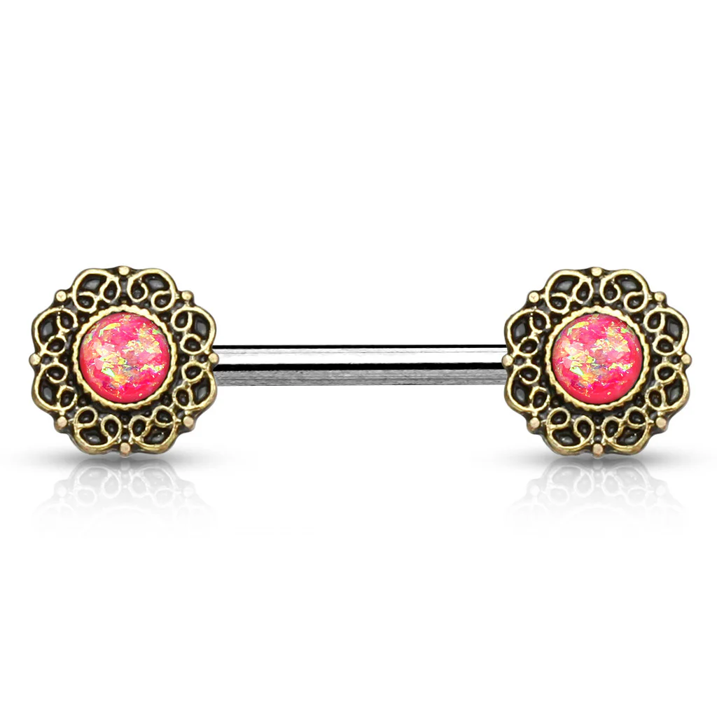 Pair of Opal Tribal Heart Filigree Surgical Steel Nipple Barbells - Image 3