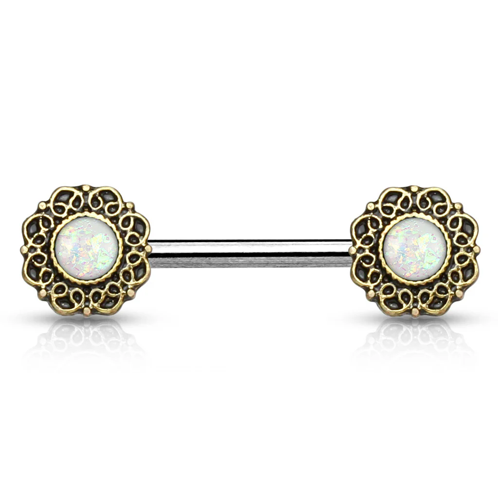 Pair of Opal Tribal Heart Filigree Surgical Steel Nipple Barbells - Image 4