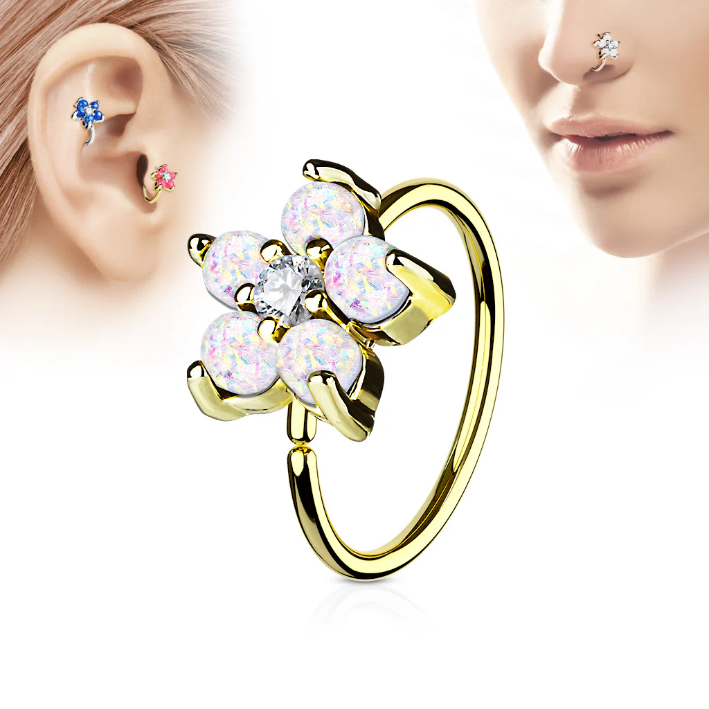 Opal Glitter Flower CZ Gold IP Cartilage Daith Helix Tragus Nose Rings