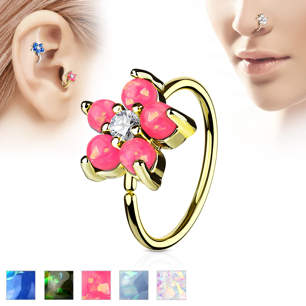 Opal Glitter Flower CZ Gold IP Cartilage Daith Helix Tragus Nose Rings - Image 2