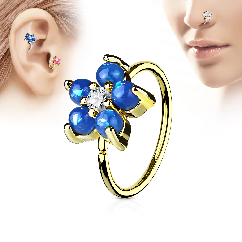 Opal Glitter Flower CZ Gold IP Cartilage Daith Helix Tragus Nose Rings - Image 3