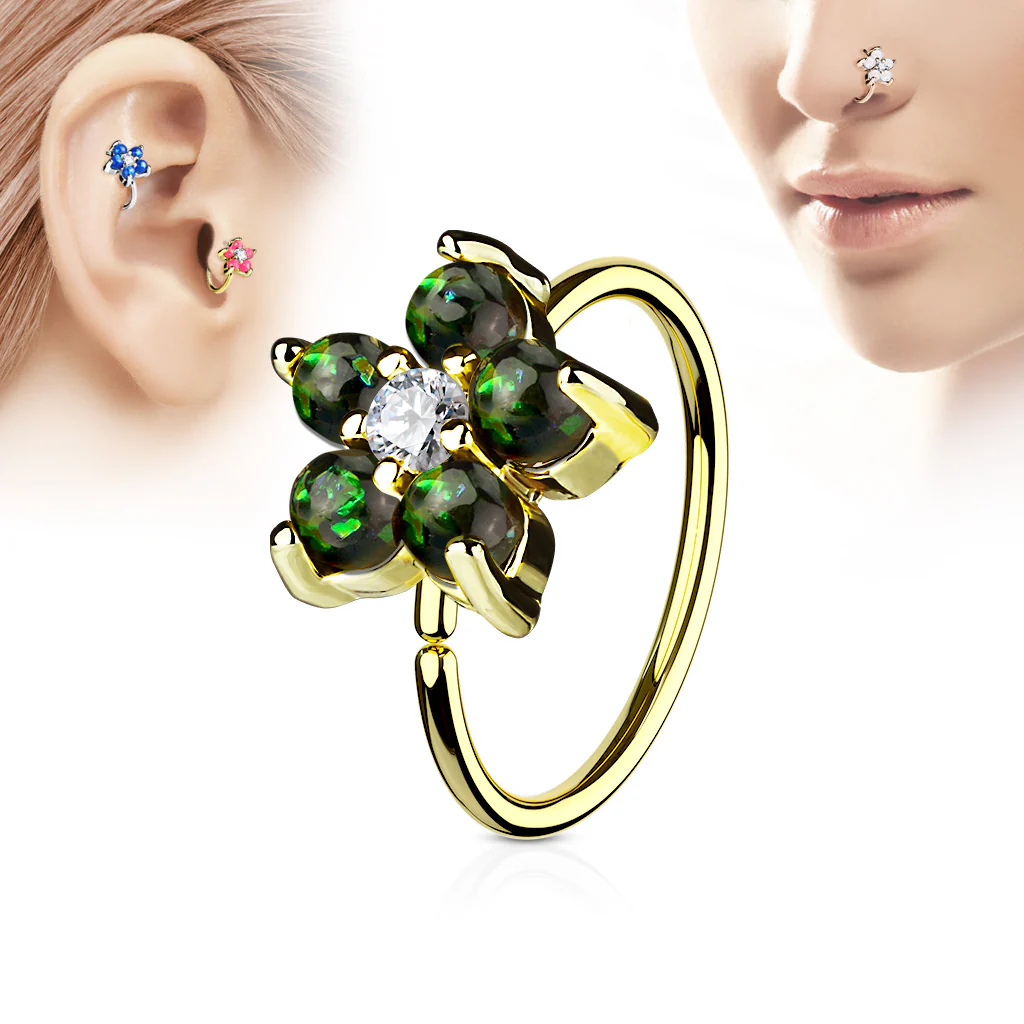 Opal Glitter Flower CZ Gold IP Cartilage Daith Helix Tragus Nose Rings - Image 4