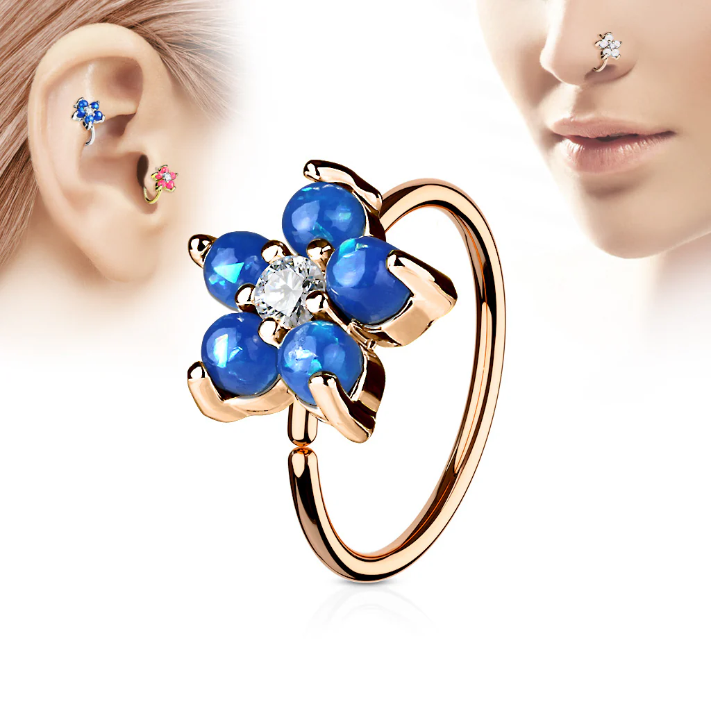 Opal Flower CZ Rose Gold IP Cartilage Daith Helix Tragus Nose Ring - Image 2