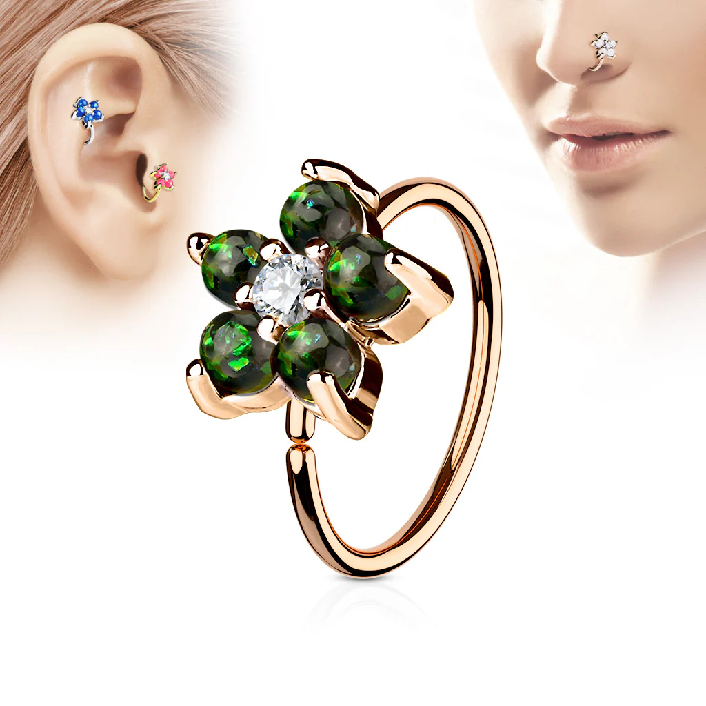 Opal Flower CZ Rose Gold IP Cartilage Daith Helix Tragus Nose Ring - Image 3