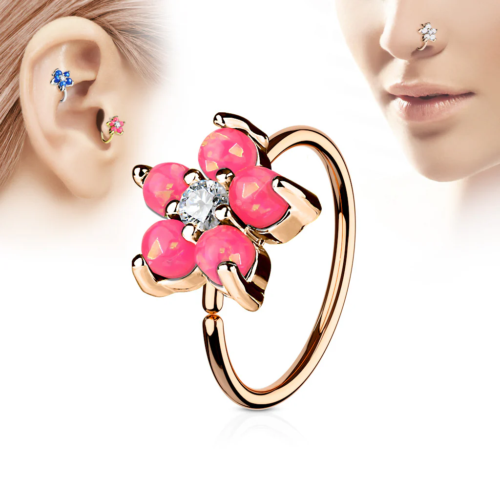 Opal Flower CZ Rose Gold IP Cartilage Daith Helix Tragus Nose Ring - Image 4