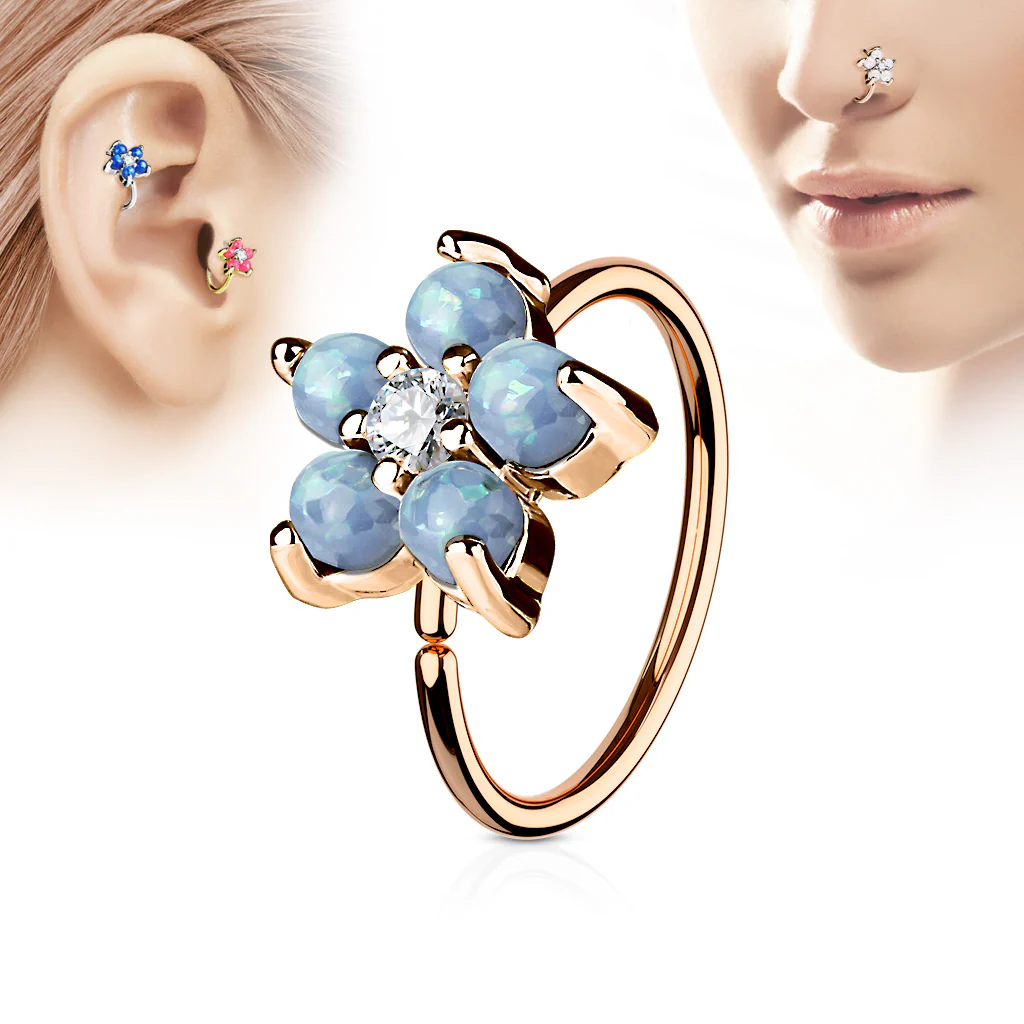 Opal Flower CZ Rose Gold IP Cartilage Daith Helix Tragus Nose Ring - Image 5