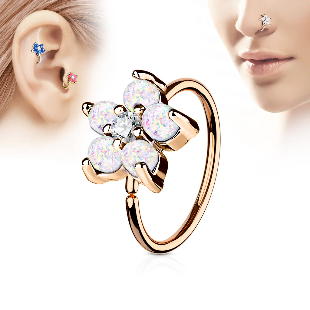 Opal Flower CZ Rose Gold IP Cartilage Daith Helix Tragus Nose Ring - Image 6