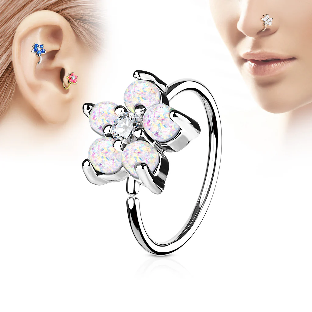 Opal Glitter Flower CZ Ear Cartilage Daith Helix Tragus Nose Rings - Image 6