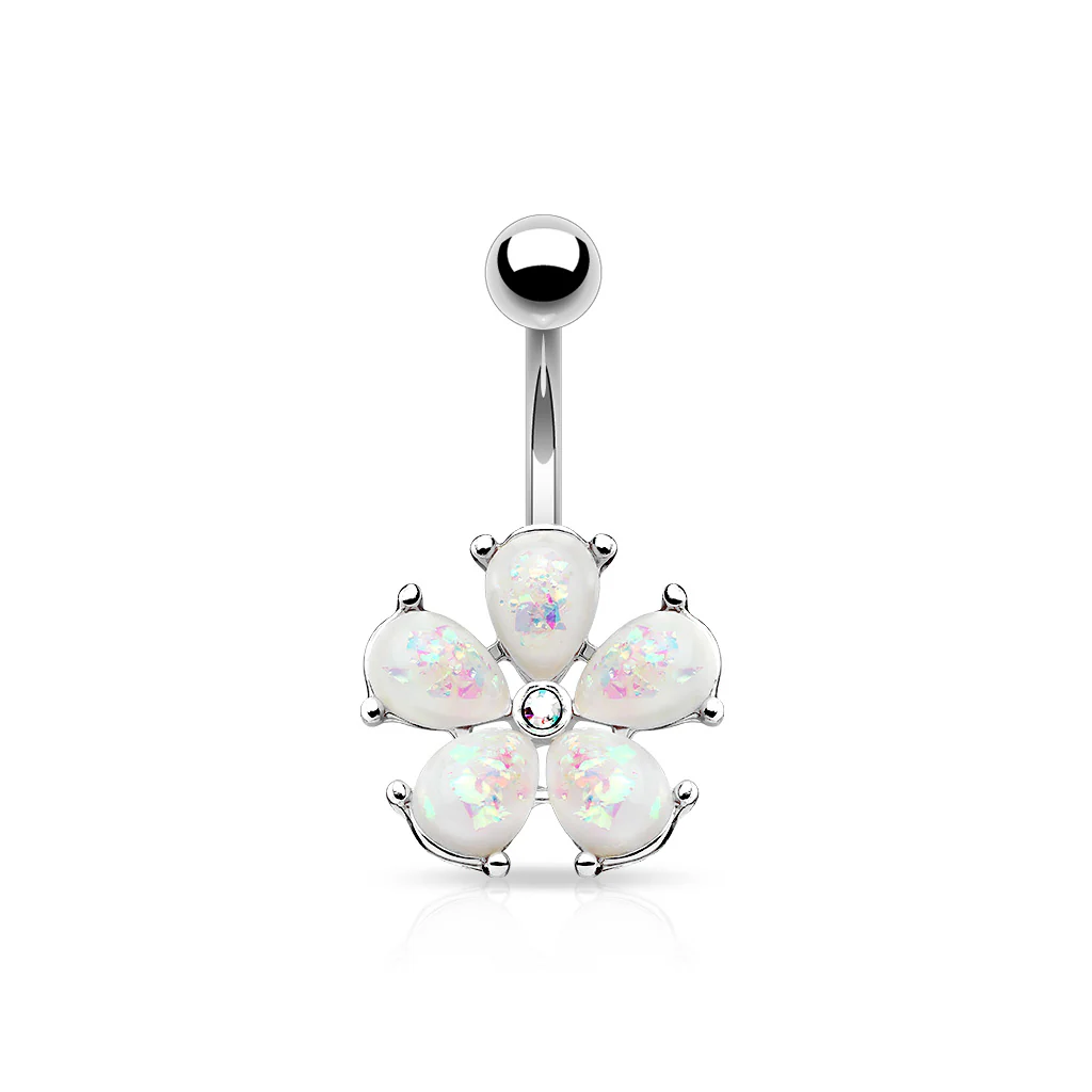 Opal Petals with CZ Flower Belly Button Navel Rings - Image 4