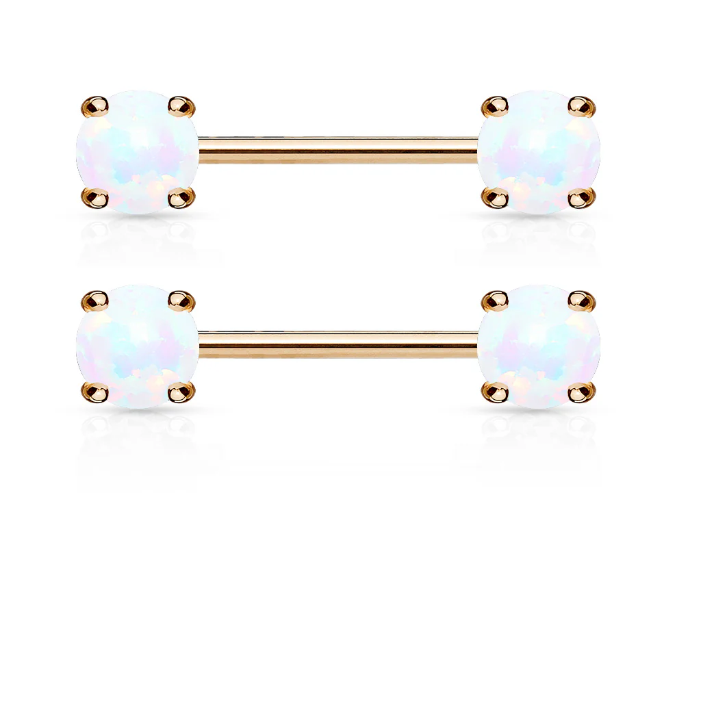 Pair of Opal Front Facing 14KT Rose Gold Plated Barbell Nipple Rings - Image 3