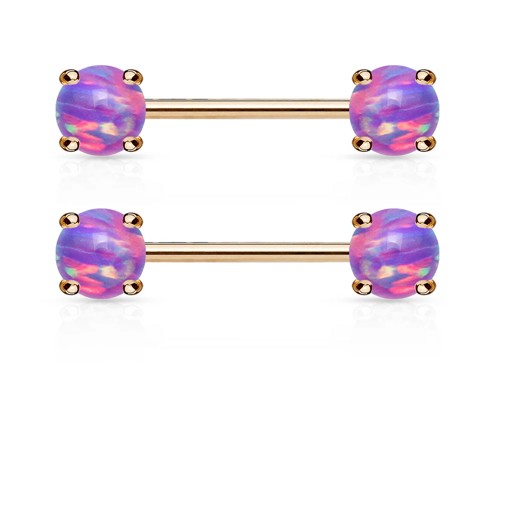 Pair of Opal Front Facing 14KT Rose Gold Plated Barbell Nipple Rings - Image 4