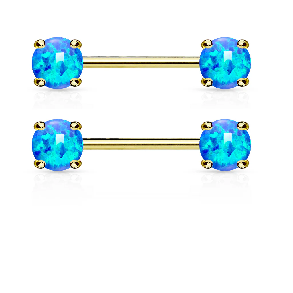 Pair of Opal Prong Front Facing 14KT Gold Plated Barbell Nipple Rings - Image 2