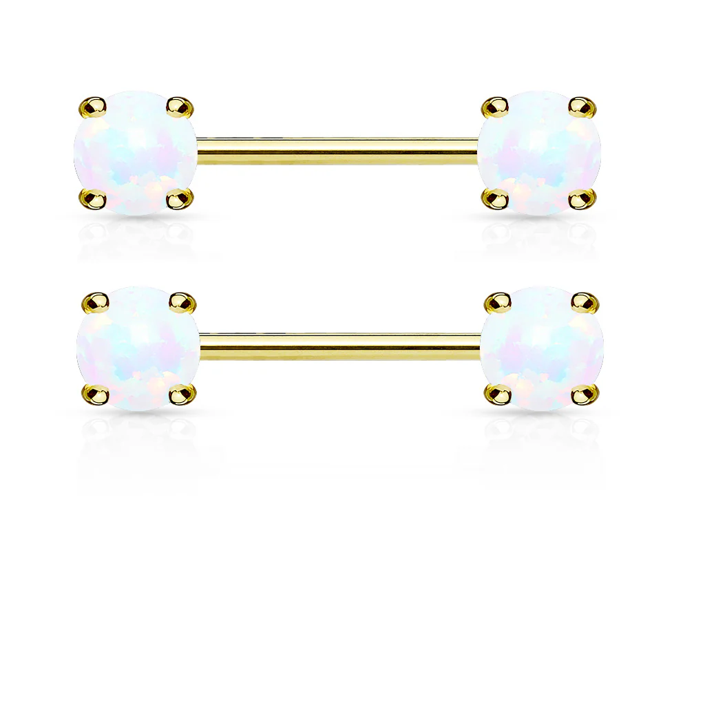 Pair of Opal Prong Front Facing 14KT Gold Plated Barbell Nipple Rings - Image 3