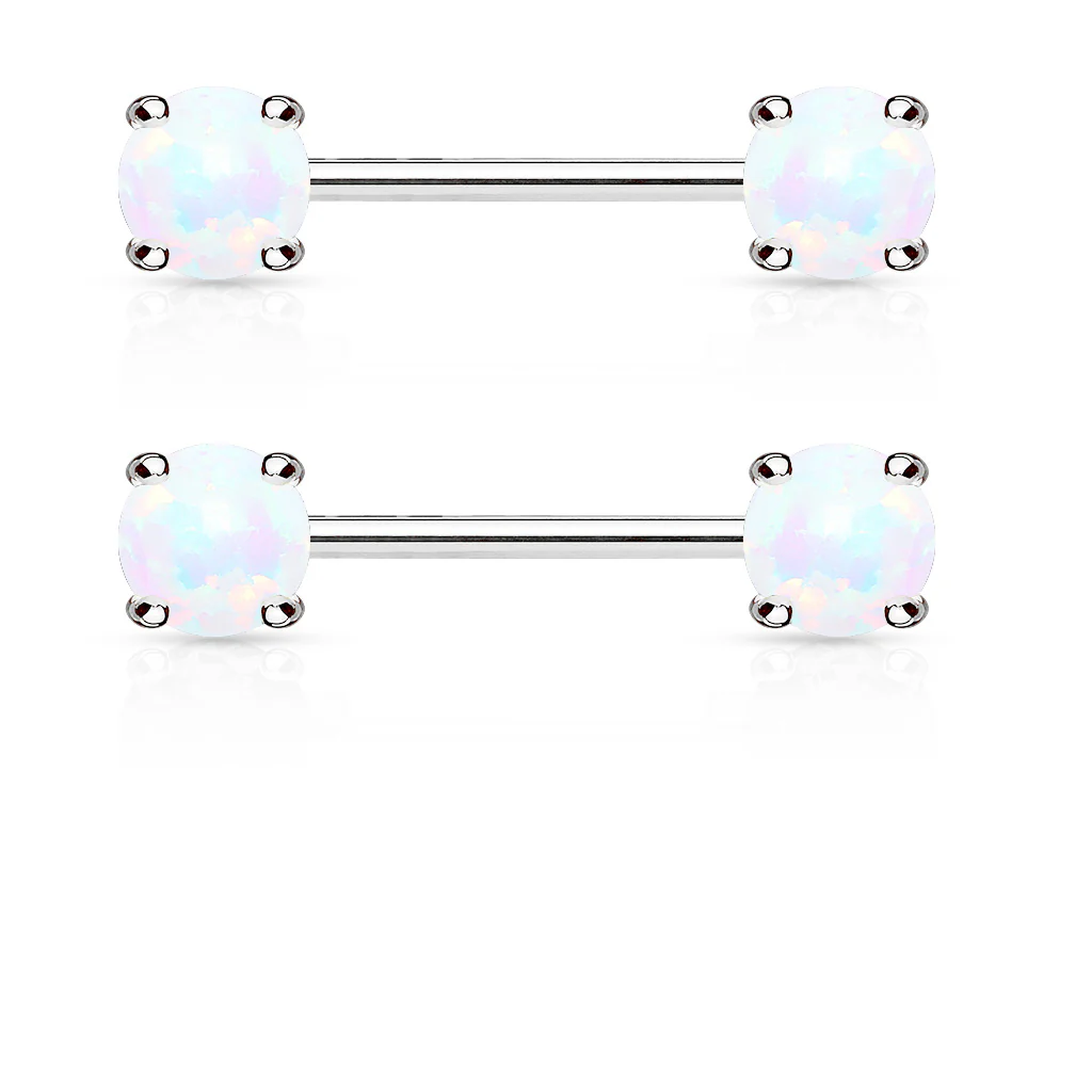Pair of Opal Prong Front Facing End Barbell Nipple Rings - Image 3