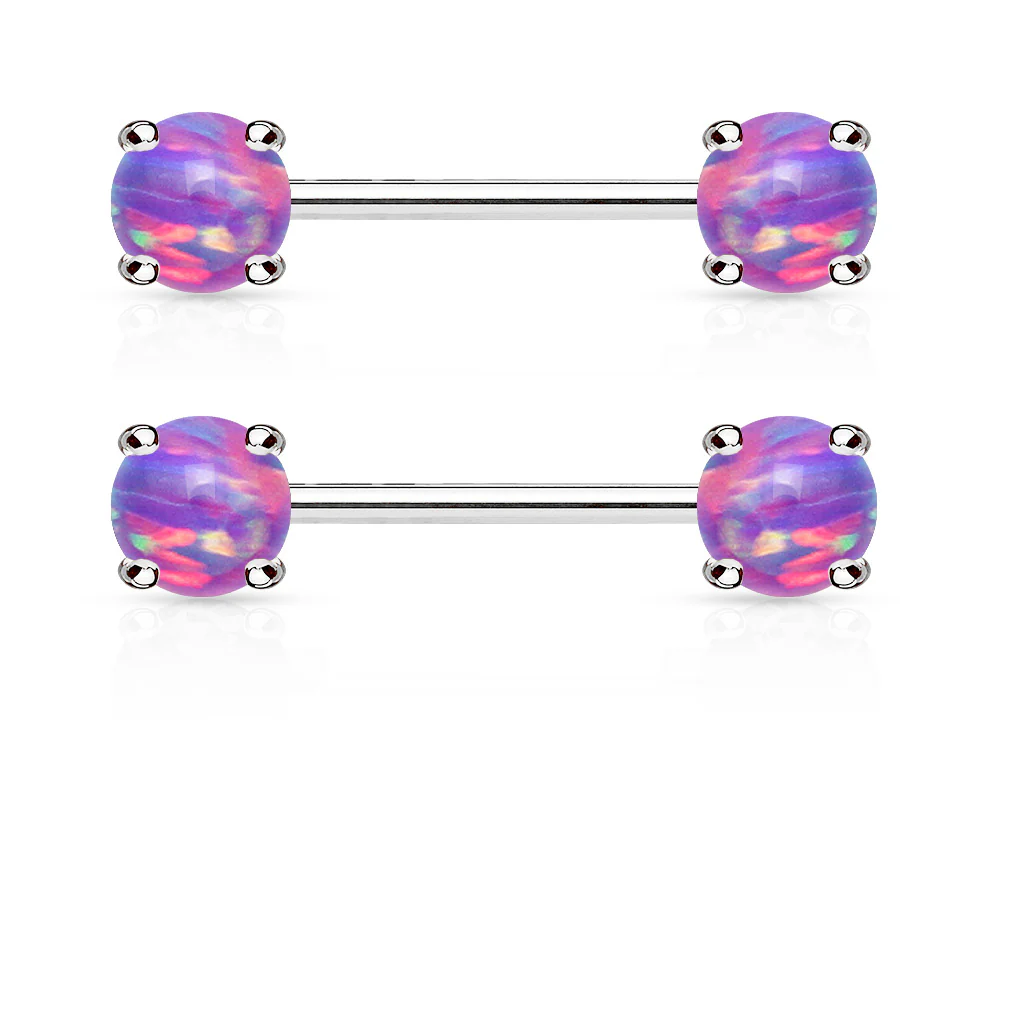 Pair of Opal Prong Front Facing End Barbell Nipple Rings - Image 4