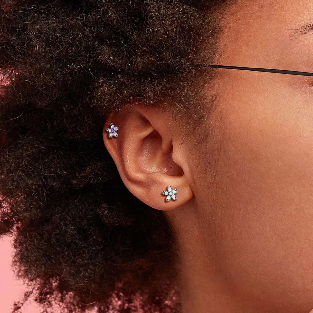 Opalite Flower With Opal Center Top Cartilage Helix Daith Tragus Studs Earrings - Image 4