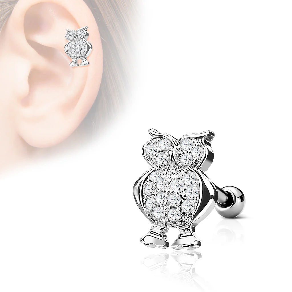 Owl Top CZ Ear Cartilage Daith Helix Tragus Barbell Stud - Image 2
