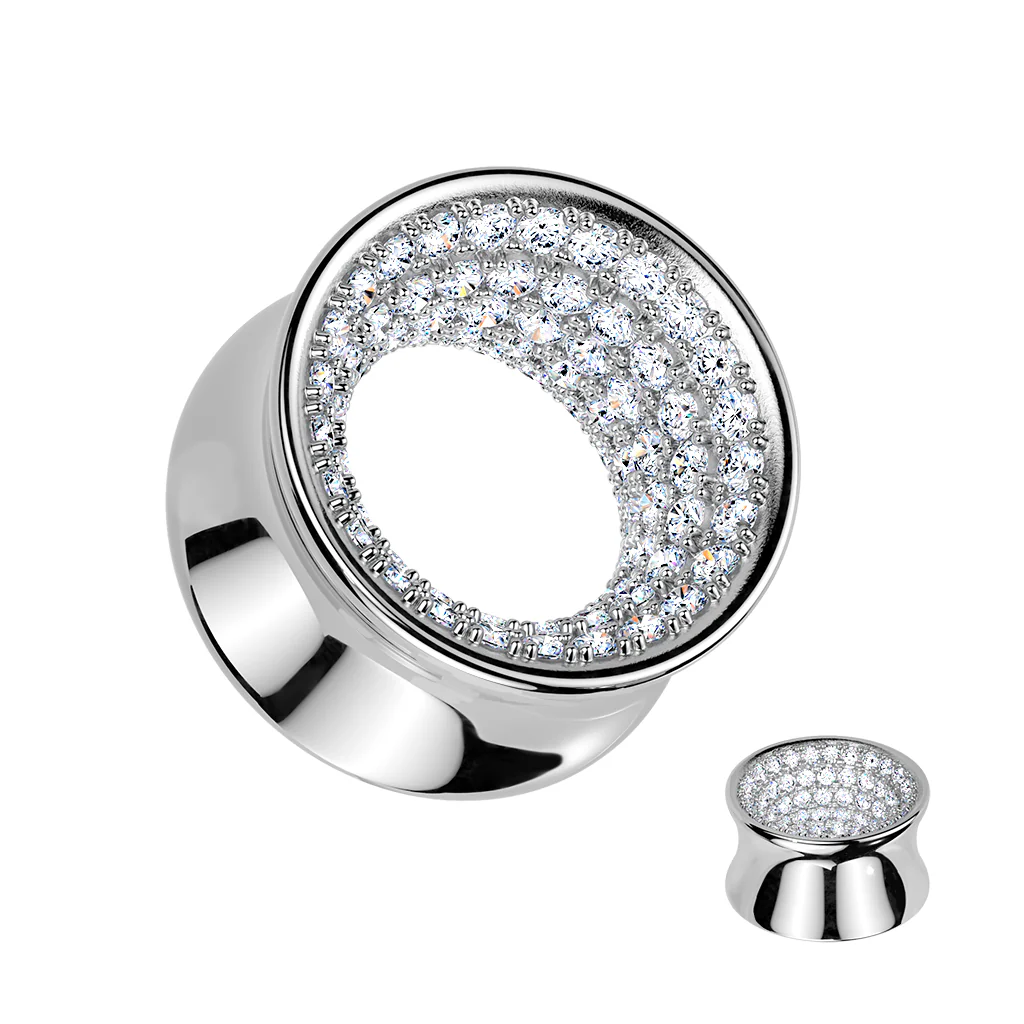 Pair All Brass Pave CZ Lined Double Flare Ear Tunnel - Image 4