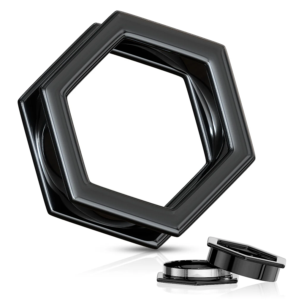 Pair Black Hexa Front Plated On Surgical Steel Basic Plugs Screw Fit Flesh Tunnels Ear Plugs - Image 3