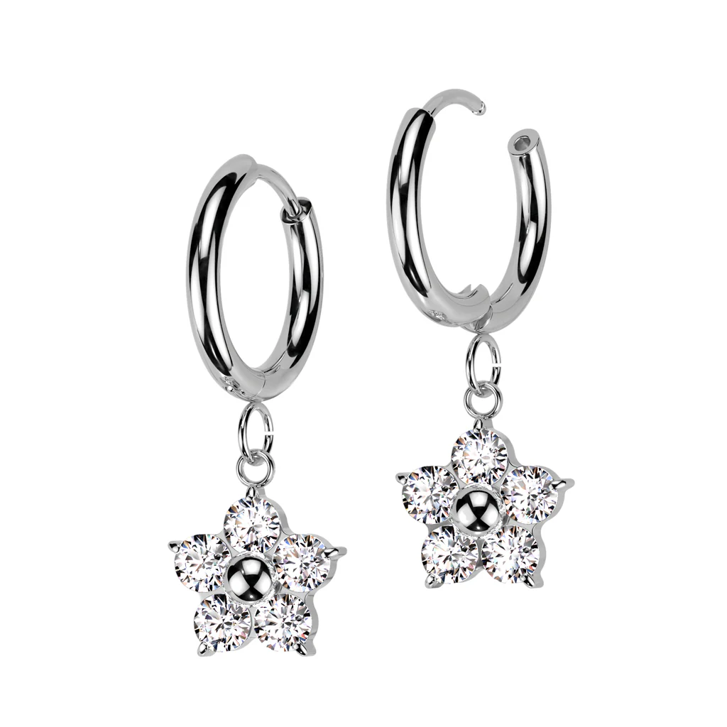 Pair Hinged Hoop Flower CZ Dangle Earrings Ear Cartilage Tragus - Image 3