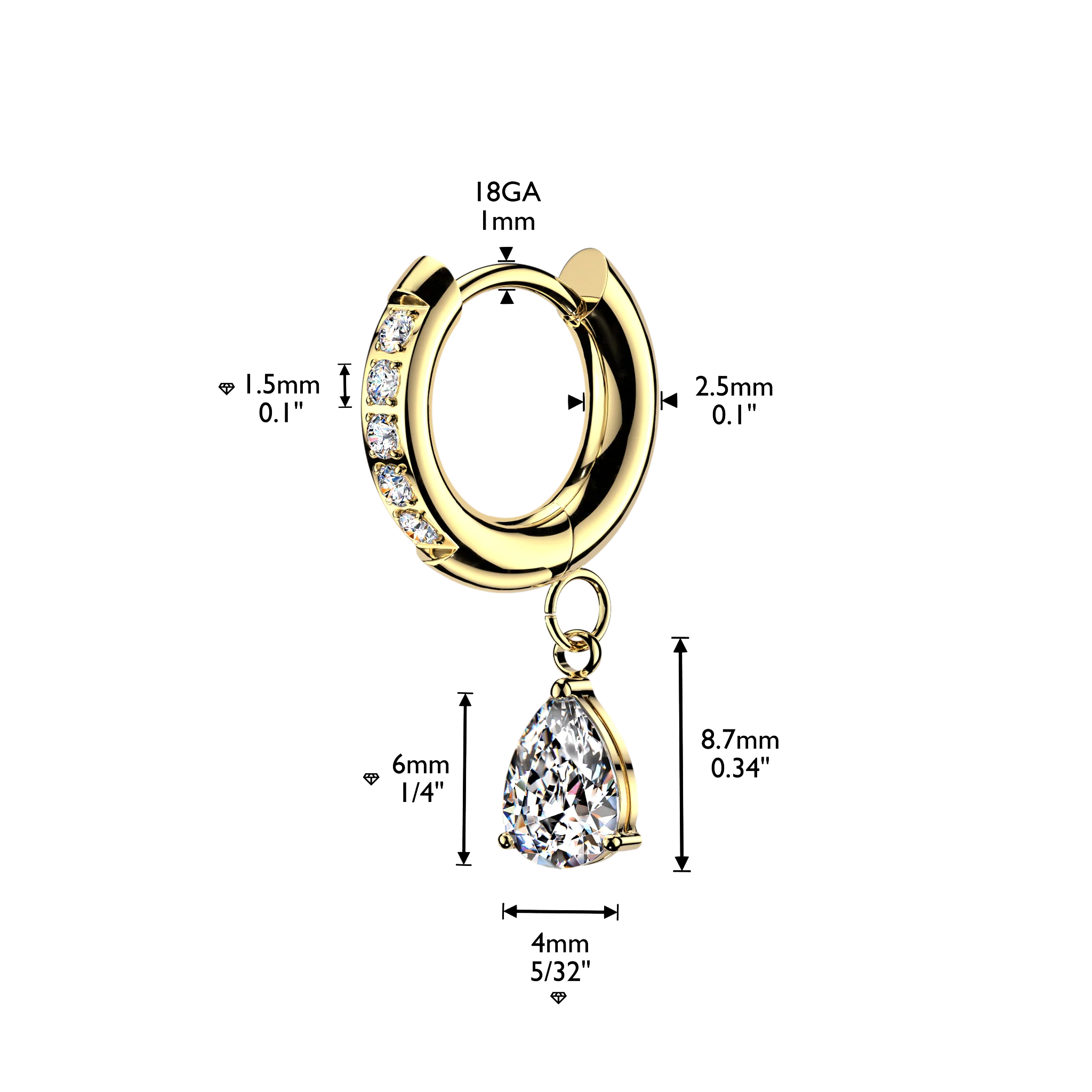 Pair CNC CZ Hinged Hoop Earrings TearDrop CZ Ear Cartilage Tragus - Image 6