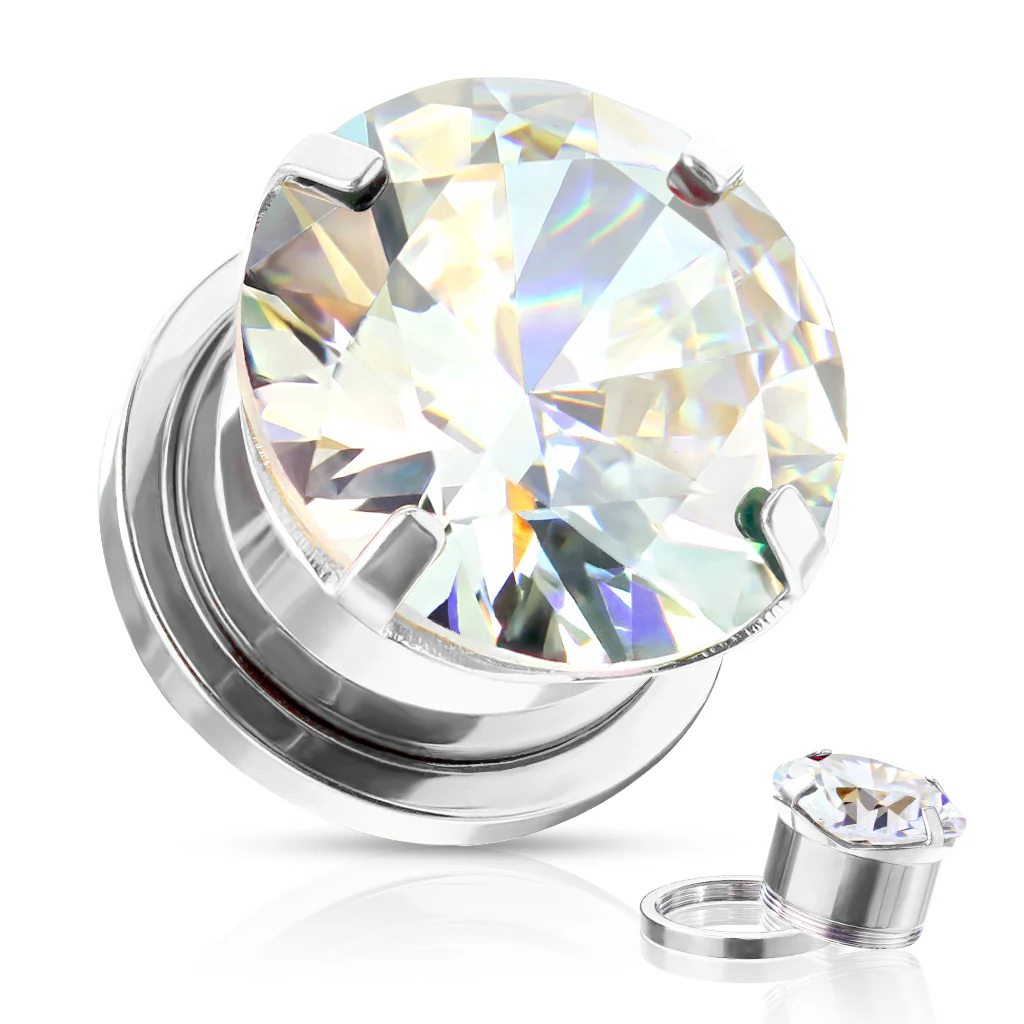 Pair Cubic Zircon Prong Surgical Steel Screw Fit Flesh Tunnels - Image 6