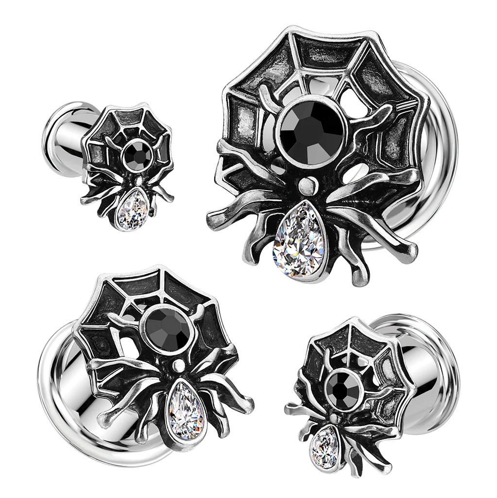 Pair Double Flared Spider CZ 316L Surgical Steel Ear Tunnel Plug - Image 3