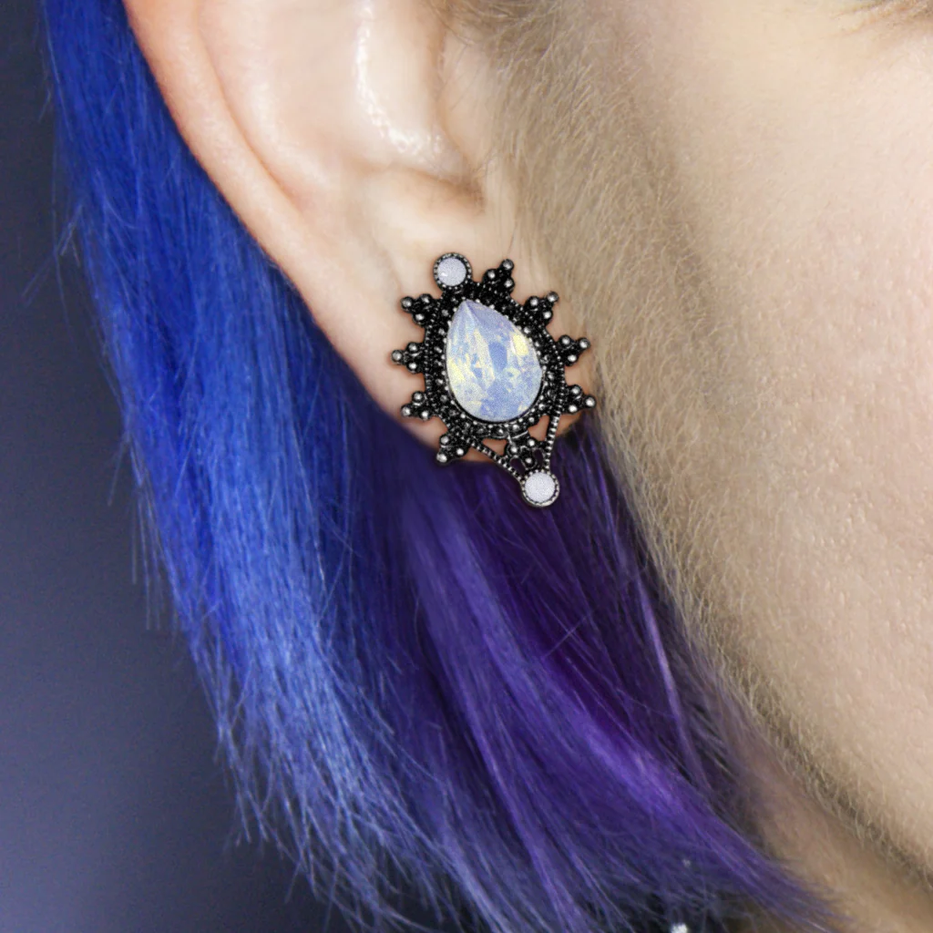 Pair Faceted Opalite Vintage Antique Silver Tear Drop Double Flare Ear Tunnels - Image 3