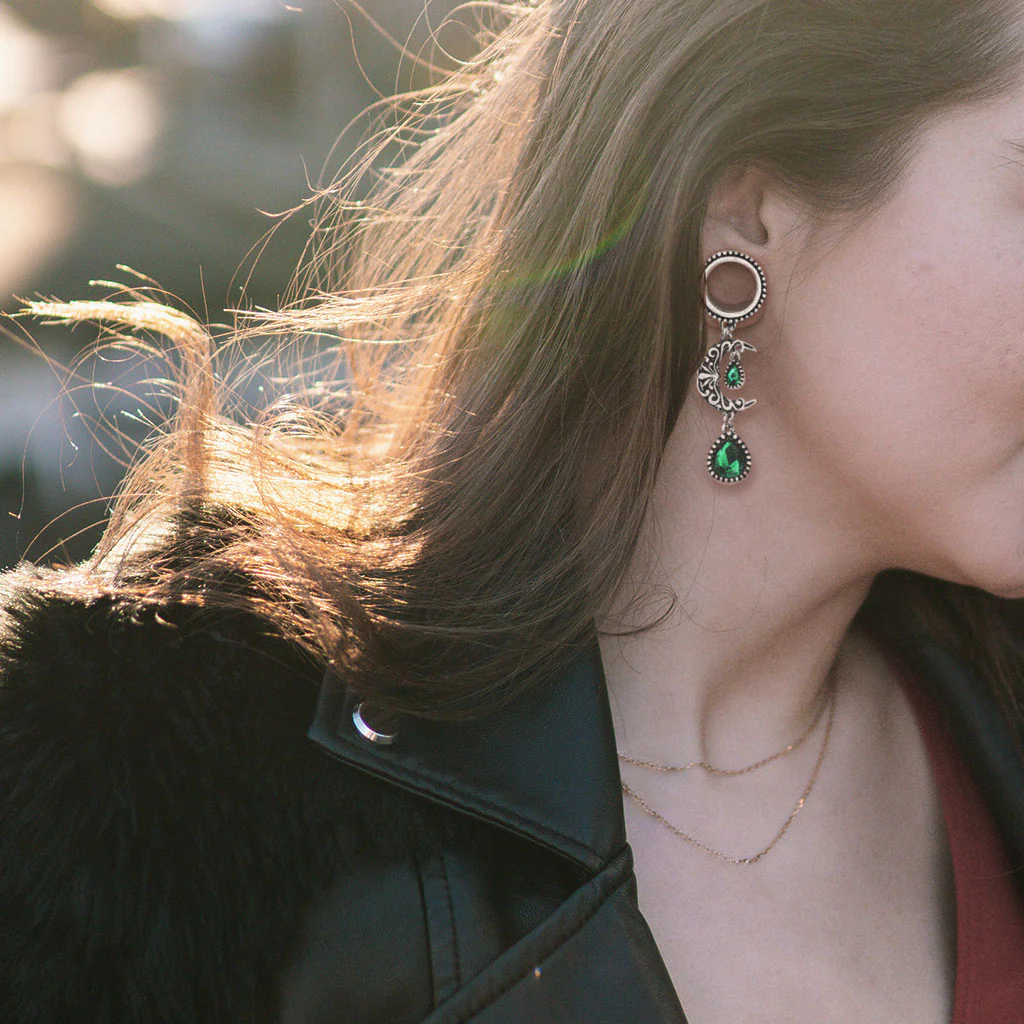 Pair Filigree Moon With Emerald Green Stone Pear Dangle Ear Flesh Tunnel Ear Plugs - Image 2