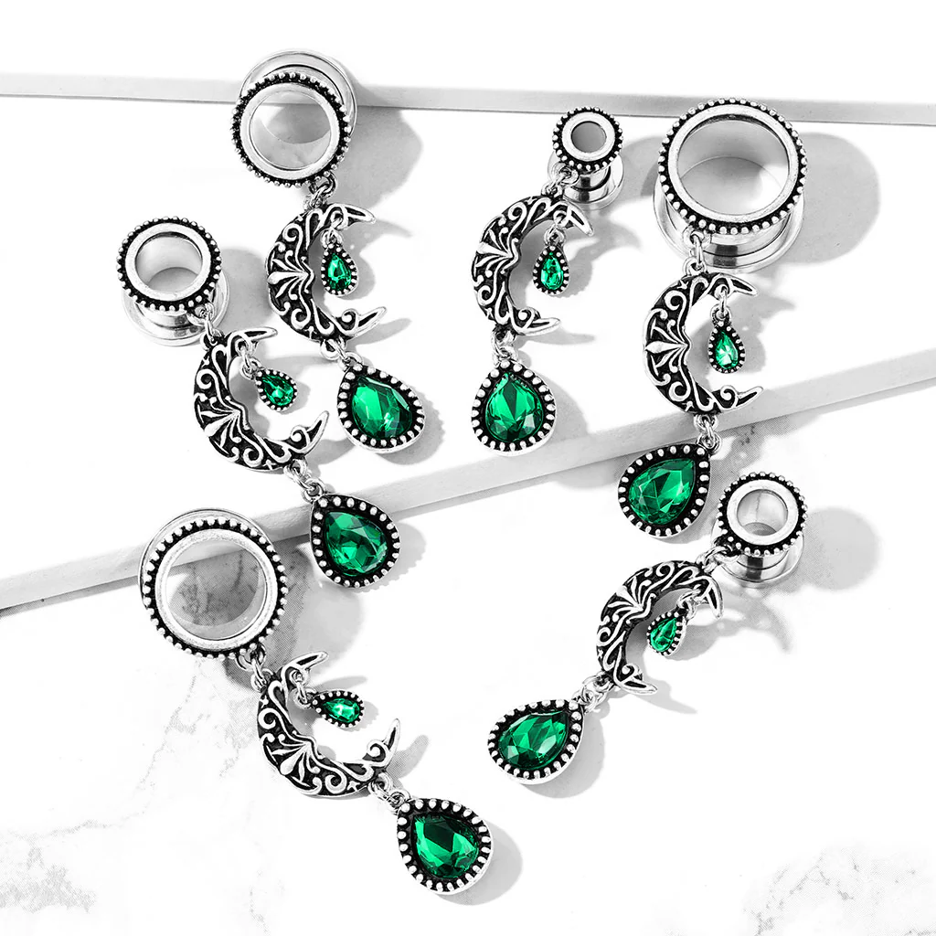 Pair Filigree Moon With Emerald Green Stone Pear Dangle Ear Flesh Tunnel Ear Plugs - Image 3